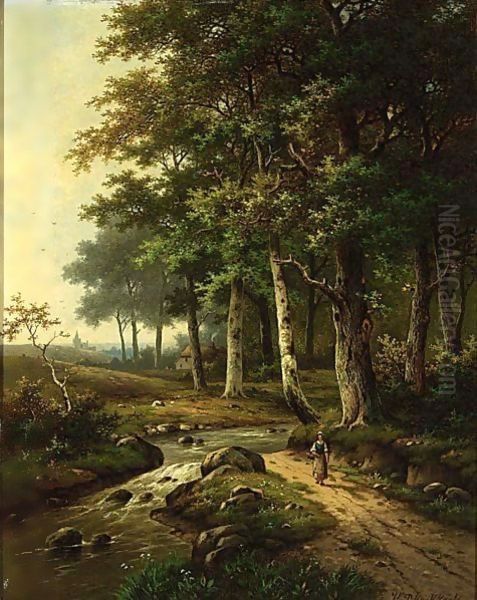 A Wooded Landscape With A Woman Travelling Near A Stream by Hendrik Pieter Koekkoek