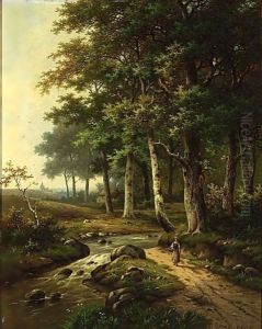 A Wooded Landscape With A Woman Travelling Near A Stream