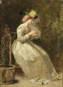 A Seated Lady In A Flower Garden, Wearing A White Satin Dress by Florent Willems