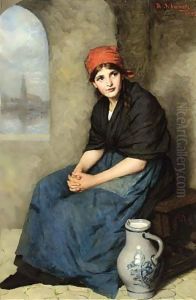 A Portrait Of A Seated Girl, Wearing A Dark Blue Dress And Red Headscarf