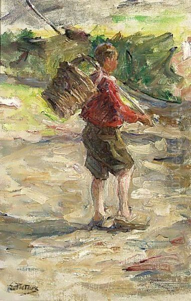 A Boy On Wooden Shoes Carrying A Basket - view 1