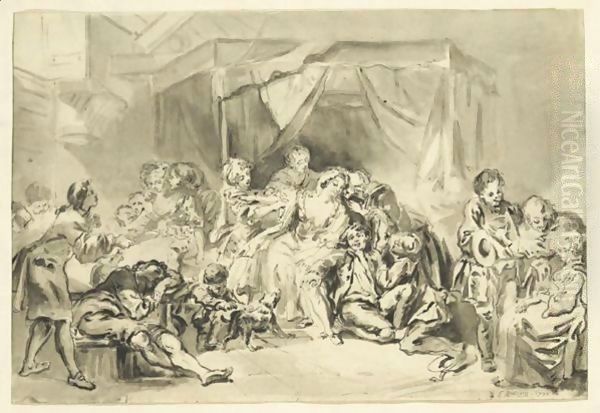 Scene De Famille etienne Aubry Family Scene Pen And Black Ink And Grey Wash - view 1