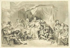 Scene De Famille etienne Aubry Family Scene Pen And Black Ink And Grey Wash by Etienne Aubry
