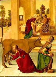Saint Brigid Milking Her Cows To Feed The Local Bishops by Italian Unknown Master