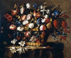 Still Life Of Roses, Irises, Morning Glory, Hyacinths, Chrysanthemums And Carnations In A Wicker Basket, Set Upon A Stone Ledge, Together With A Stem Of Lilies, Butteflies, Dragonflies And A Snail
