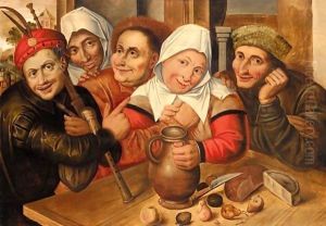 A Peasant Making Advances On A Woman, Other Peasants Gathered Around A Table With A Jug Of Wine, Fruit And Cheese