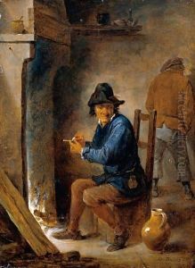 Interior With A Peasant Smoking A Pipe Before A Fireplace