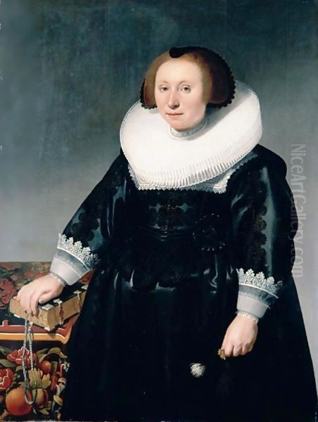 Portrait Of A Lady, Three-Quarter Length, Wearing A Black Embroidered Dress And Standing Next To A Table With Her Hand On A Book - view 1