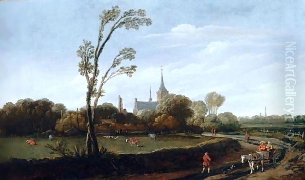 An Open Landscape With Wagoners On A Road, A Church Spire In A Village Beyond - view 1
