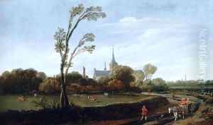 An Open Landscape With Wagoners On A Road, A Church Spire In A Village Beyond
