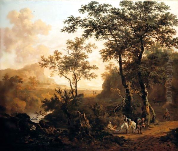 An Extensive Wooded River Landscape With Travellers On A Rocky Road, Ruins And Mountains Beyond - view 1