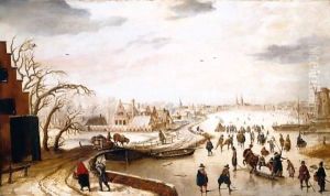 A Winter Landscape With Figures Skating On A Frozen River by Hendrick Avercamp
