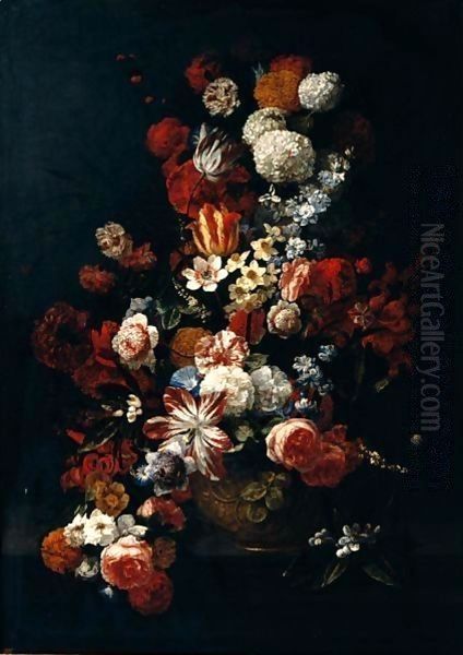 Still Life Of Tulips, Roses, Narcissi, Chrysanthemums, Carnations, Orange Blossom And Irises In A Gilt Urn, Placed Upon A Table-Top - view 1