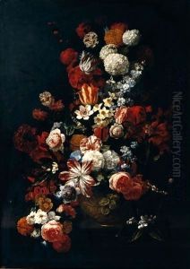 Still Life Of Tulips, Roses, Narcissi, Chrysanthemums, Carnations, Orange Blossom And Irises In A Gilt Urn, Placed Upon A Table-Top by Hieronymus Galle I