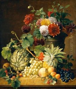 A Bouquet Of Flowers In An Urn And A Melon, A Pineapple, Grapes, Apricots, Peaches And Other Fruit, All Resting On A Marble Ledge by Anton Weiss