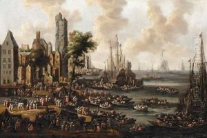 A Harbour Scene With Figures Unloading Their Wares From Boats