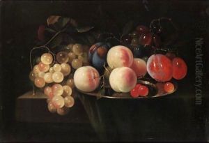 Still Life With Peaches, Cherries And Plums On A Pewter Plate Together With Bunches Of Grapes On A Stone Ledge Draped With A Green Cloth
