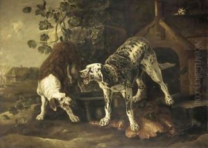 Landscape With Two Hounds Fighting Before A Kennel by Peeter Boel