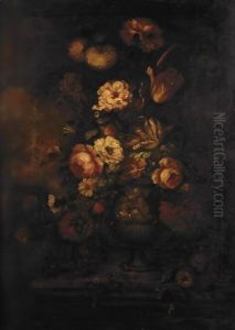 Still Life With Various Flowers In A Stone Urn In A Parkland Setting