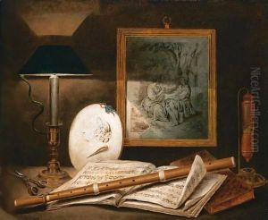 Natura Morta Con Flauto, Spartito Musicale, Lume E Forbici by Etienne Moulinneuf