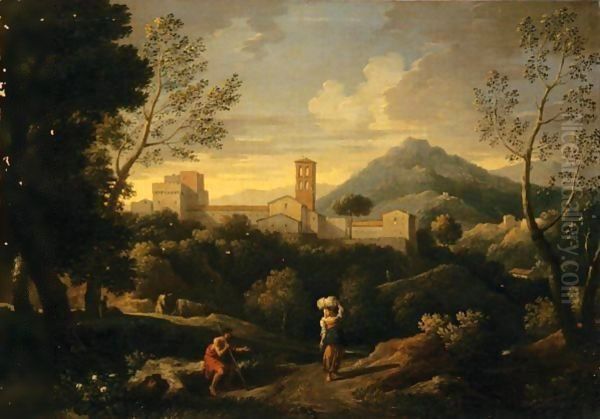 Paesaggio Classico Con Figure E Citta In Secondo Piano - view 1