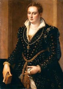Ritratto Di Nobildonna In Abito Nero Con Decori In Oro, Collana Di Perle Con Pendente E Cintura Con Pietre Preziose.