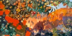 Paisaje Enmarcado Por Grandes Arboles. Al Fondo, Una Montana (Landscape With Trees And Mountains In The Background) by Joaquin Miro