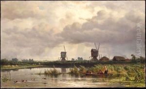 Figures In A Boat With Two Windmills Beyond by Jan Willem Van Borselen