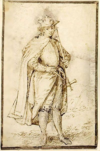 Study Of A Caped Gentleman, With A Stick And A Sword - view 1