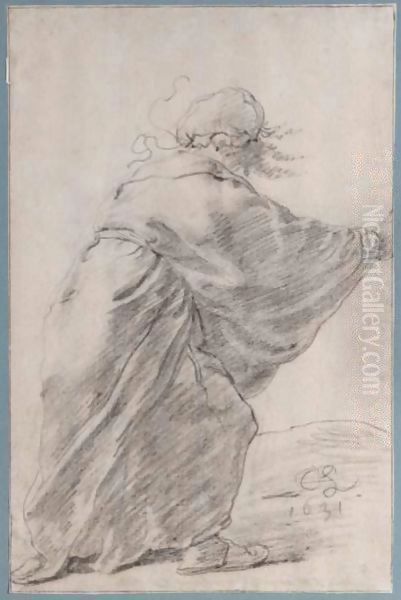 A Wild-Haired, Robed Woman Rushing To The Right, Seen From Behind - view 1