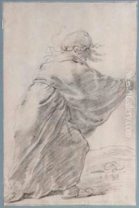 A Wild-Haired, Robed Woman Rushing To The Right, Seen From Behind