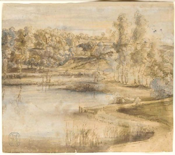 Wooded Landscape With A Lake And Cottages In The Distance - view 1