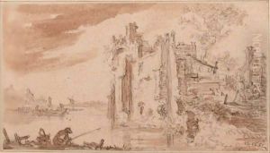 Overgrown Ruins On A River Bank, With Fishermen To The Left And Other Figures To The Right Overgrown Ruins On A River Bank, With Fishermen To The Left And Other Figures To The Right