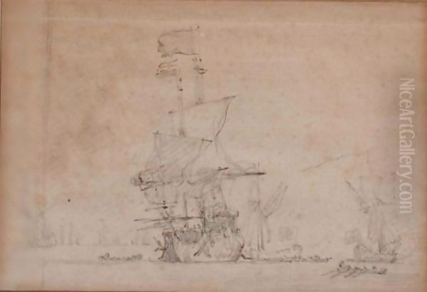 A Man-O-War With Other Ships And Rowing Boats, On A Calm Sea - view 1