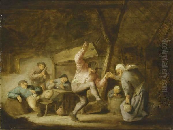 Peasants In An Inn With A Couple Dancing To The Music Of A Bagpipe Player And Others Drinking And Smoking At A Table by Adriaen Jansz. Van Ostade