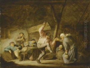 Peasants In An Inn With A Couple Dancing To The Music Of A Bagpipe Player And Others Drinking And Smoking At A Table by Adriaen Jansz. Van Ostade