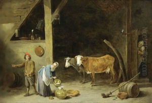 A Barn Interior With A Peasant Woman Pouring Milk Into A Jug And A Peasant Man Standing Nearby, With Cattle In The Background, An Old Woman Peeking Through A Door And An Owl Sitting On A Stick Near The Door by David The Younger Teniers