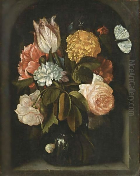 A Still Life With Roses, A Tulip, Carnations, A Peony And Other Flowers, All In A Glass Vase, With A Snail And A Butterfly, In A Stone Niche - view 1