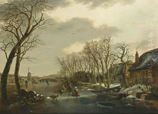 A Winter Landscape With A Woman Skating Behind A Sledge, A Girl Skating With A Chair, And Other Figures Skating And A Dog On A Frozen Canal Near A Village With A Mill Beyond - view 1