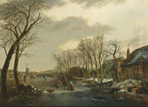 A Winter Landscape With A Woman Skating Behind A Sledge, A Girl Skating With A Chair, And Other Figures Skating And A Dog On A Frozen Canal Near A Village With A Mill Beyond