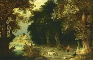 A Wooded Landscape With Travellers Resting Near A Tree, With A Horse-Drawn Wagon On A Path Near A Stream And Farmhouses Beyond