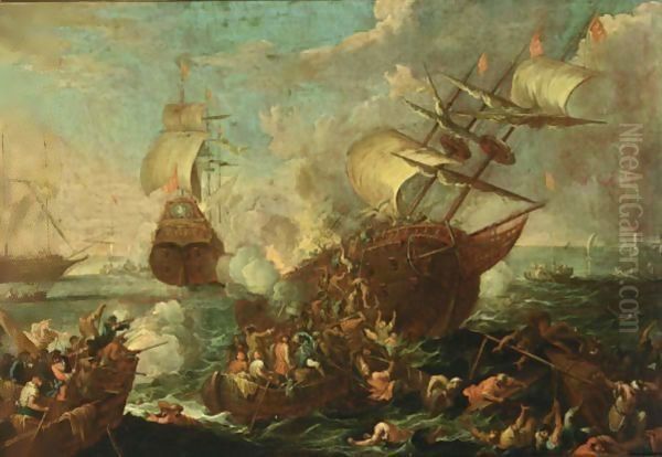 A Naval Battle Scene With Ottoman And Christian Soldiers Fighting Aboard A Ottoman Ship, Other Shipping Beyond - view 1