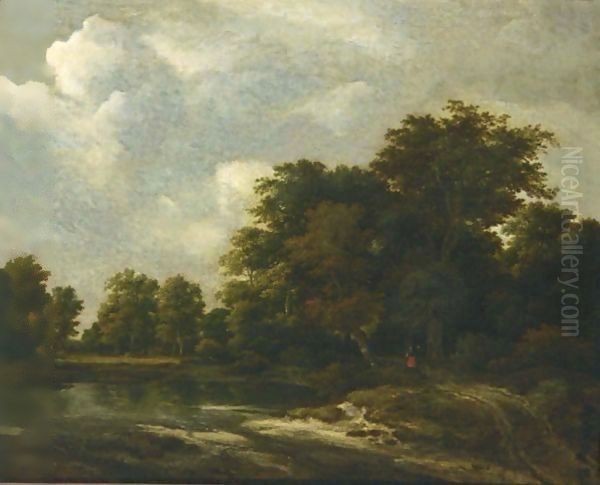 A Wooded Landscape With A Pond And Figures On A Path Near Trees - view 1