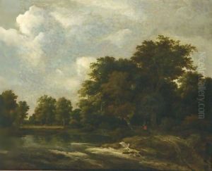 A Wooded Landscape With A Pond And Figures On A Path Near Trees by Jacob Van Ruisdael