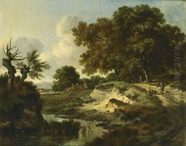 A Wooded Landscape With Travellers And A Dog On A Path Near A Stream, A Farm Beyond - view 1
