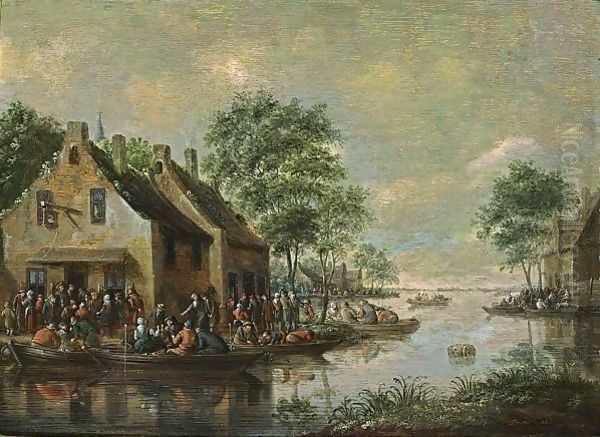 A River Landscape With Boats On The Water And Figures Drinking Outside An Inn - view 1