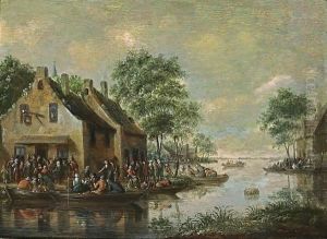A River Landscape With Boats On The Water And Figures Drinking Outside An Inn by Thomas Heeremans