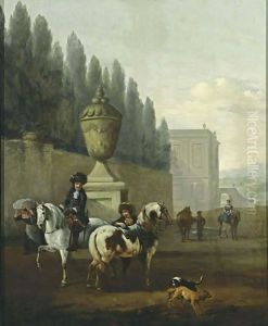A Landscape With Two Horsemen And Two Dogs Near A Walled Garden, Other Horsemen In The Background Near A Palace by Pieter Wouwermans or Wouwerman