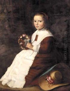 Portrait Of A Young Girl, Full Length, Seated In A Landscape, Wearing A Brown Dress And Holding A Garland Of Flowers by Hendrick Van Vliet