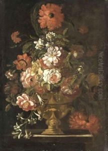 A Still Life Of Various Flowers In Vase Resting On A Ledge by Italian School